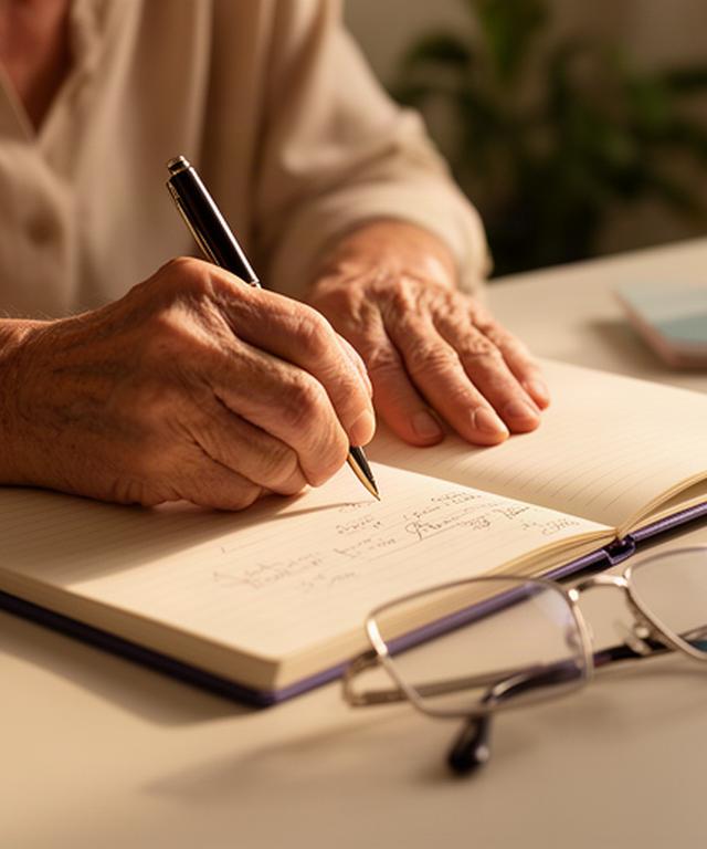 落ち着いた部屋で老後の生活資金をノートに書き込む手元