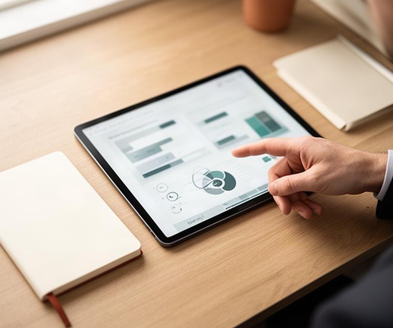 四半期の資産配分を確認するタブレットと手帳を置いた机