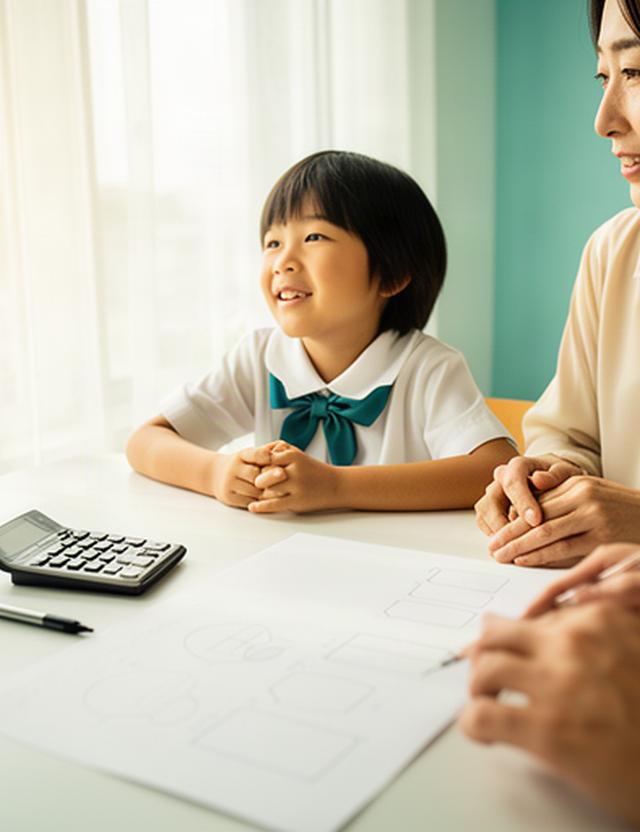 明るい窓辺で教育資金の計画表を確認する親子