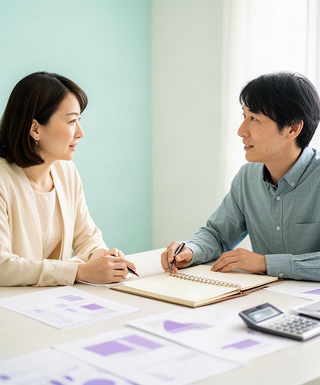 相談テーブルで資産形成の資料を一緒に確認する二人