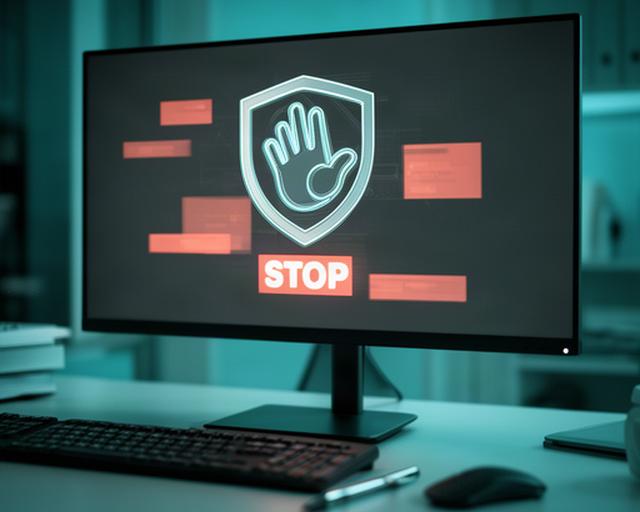不正利用防止の案内を表示した画面、整然としたセキュリティ確認の机